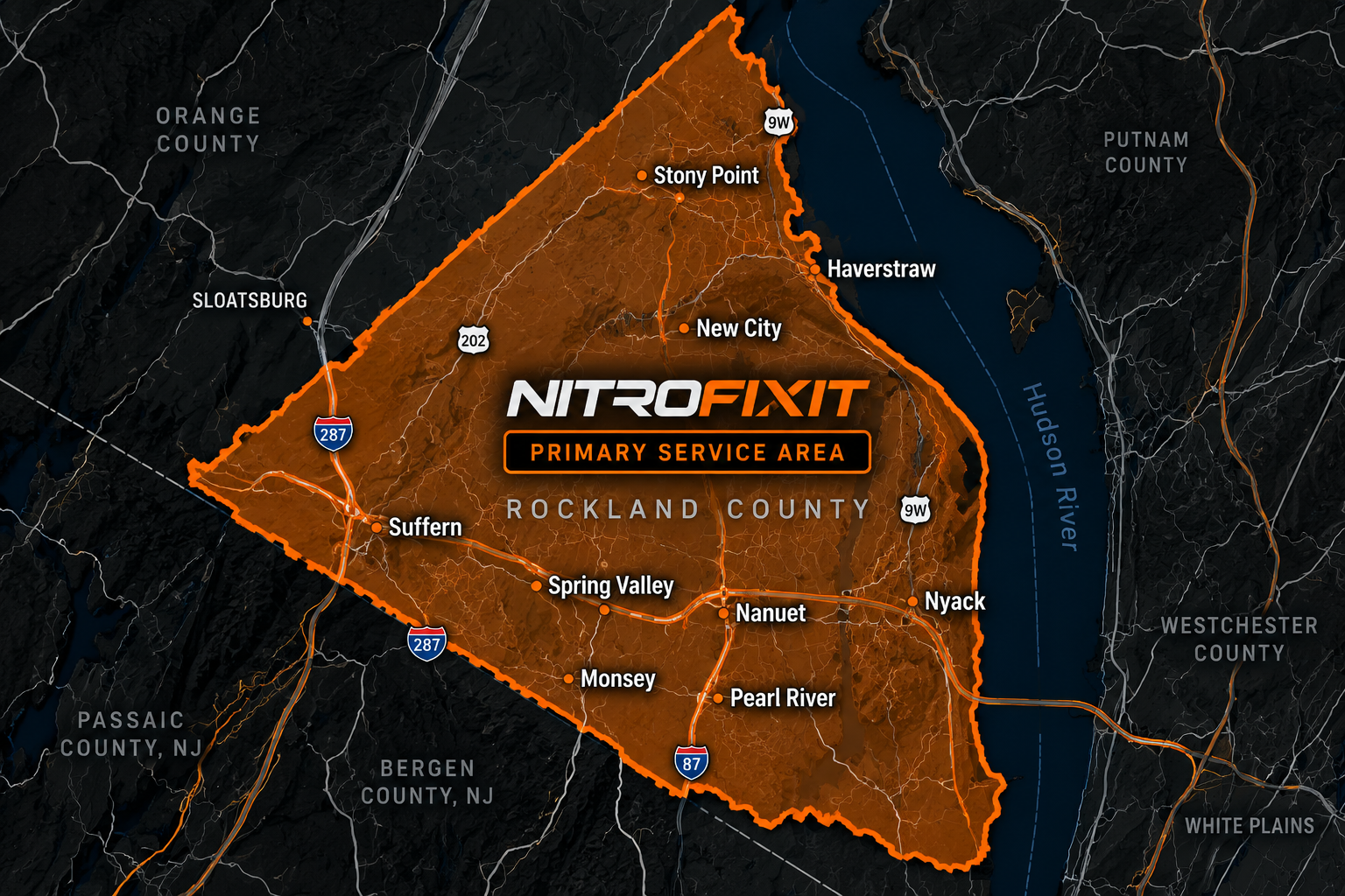 NitroFixIT primary service area map highlighting Rockland County, New York, with nearby communities and major highways